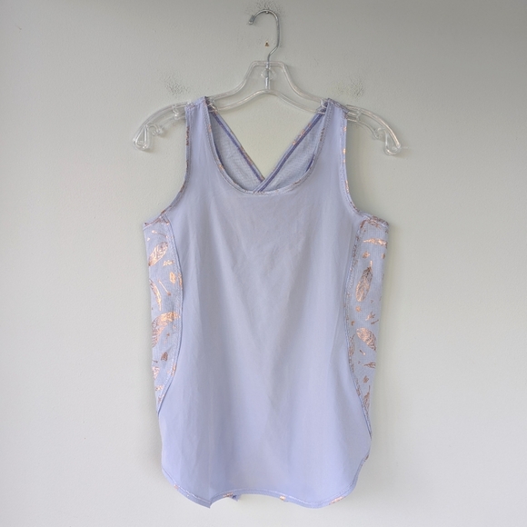 Ivivva Lululemon Girls Periwinkle Bronze Feather Free to Run Crossback Tank Top - Picture 3 of 7